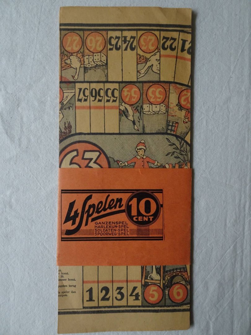 N.n.. - 4 Bordspellen: Ganzenspel,Harlekijn-spel, Soldaten-spel en Spoorweg-spel.