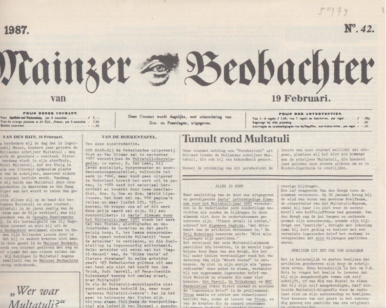 Aarts, B. Luger, D. Welsink, A. Jongstra (e.a.), C.J. - Mainzer Beobachter 19 februari 10 maart en (? ) juli 1987.