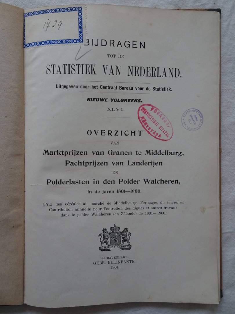 Verrijn Stuart, C.A., et al. - Bijdragen tot de statistiek van Nederland. Nieuwe volgreeks XLVI. Overzicht van marktprijzen van granen te Middelburg, pachtprijzen van landerijen en polderlasten in den polder Walcheren, in de jaren 1801-1900.