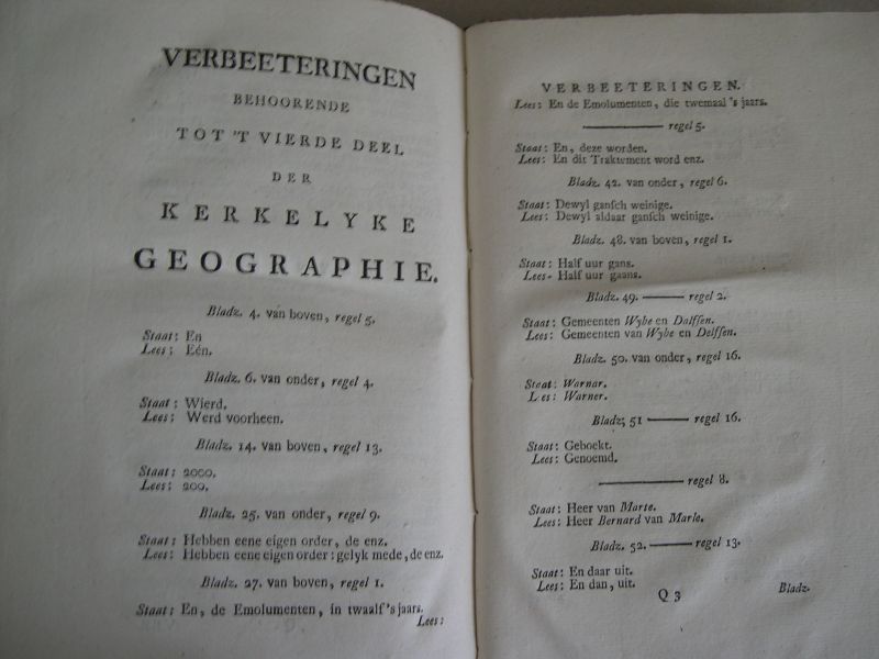 Bachiene, Willem Albert - Kerkelyke geographie der Vereenigde Nederlanden: In zich behelzende, eene Beschryvinge, van den staat der Synoden, Klassen en Gemeenten, Der Hervormde Kerke, in ons Vaderland, met veele byzonderheden (...) Kompleet in 4 delen.