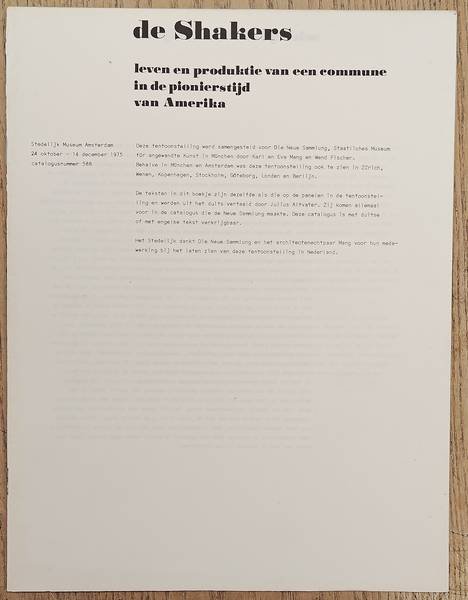 SM 1975: - De Shakers. Leven en produktie van een commune in de pionierstijd van Amerika. Cat. 588.