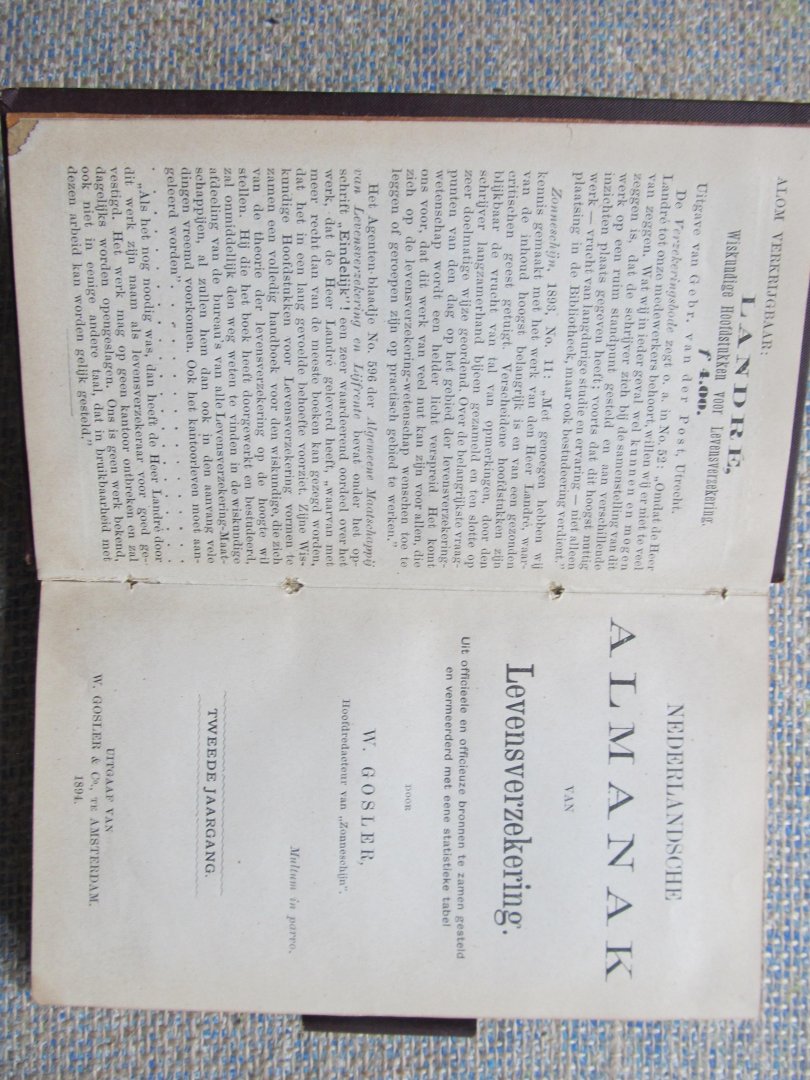 Gosler, W. - NEDERLANDSCHE ALMANAK VAN LEVENSVERZEKERING