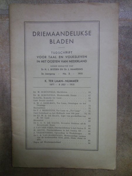 Laan K ter, onder redactie H.L. Bezoen en J. Naarding - Driemaandelijksche bladen, uitgegeven door de Vereeniging tot Onderzoek van Taal en Volksleven, vooral in het Oosten van Nederland, 3e jaargang no. 3 1951