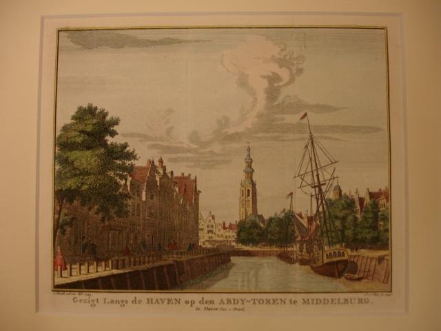 Middelburg. - Gezigt Langs de Haven op den Abdy-Toren te Middelburg.