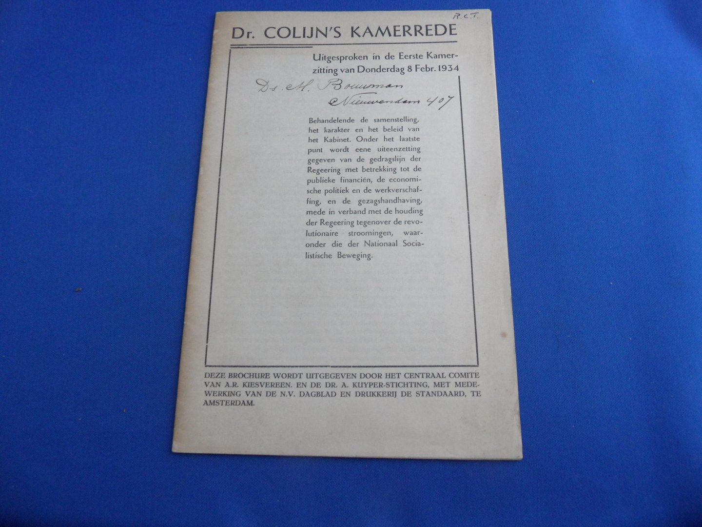Colijn, dr. - Dr. Colijn's kamerrede : Uitgesproken in de Eerste Kamerzitting van Donderdag 8 Febr. 1934
