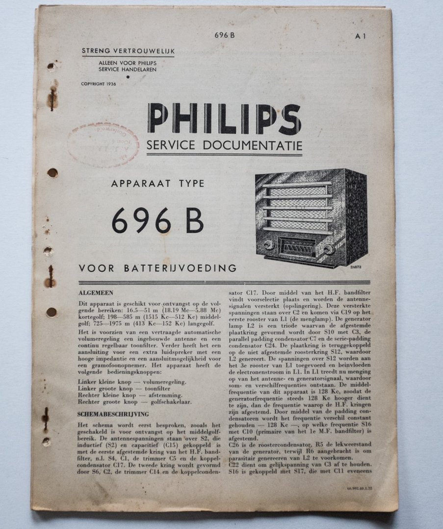  - Philips service documentatie - voor het apparaat 696B - voor Batterijvoeding
