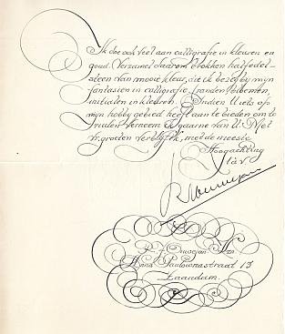 (COLLECTIE R.M. NIJHOFF). OUWEJAN Kzn, R.J. - Gecalligrafeerde brief aan de verzamelaar R.M. Nijhoff te Wijk bij Duurstede.