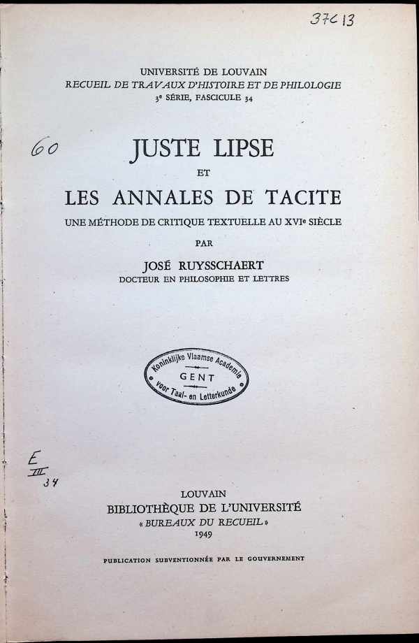 José Ruysschaert - Juste Lipse et les annales de Tacite, une méthode de critique textuelle au XVIe siècle