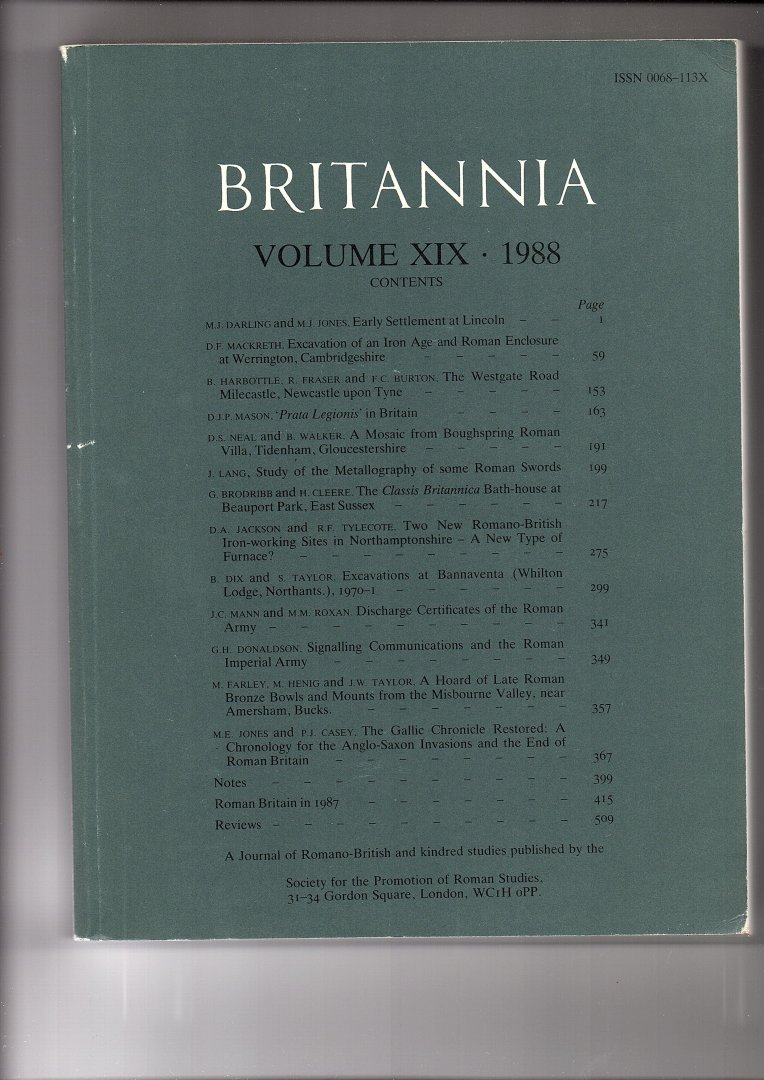 Britannia - Britannia, Volume XIX. 1988.  A Journal of Romano-British and kindred studies.