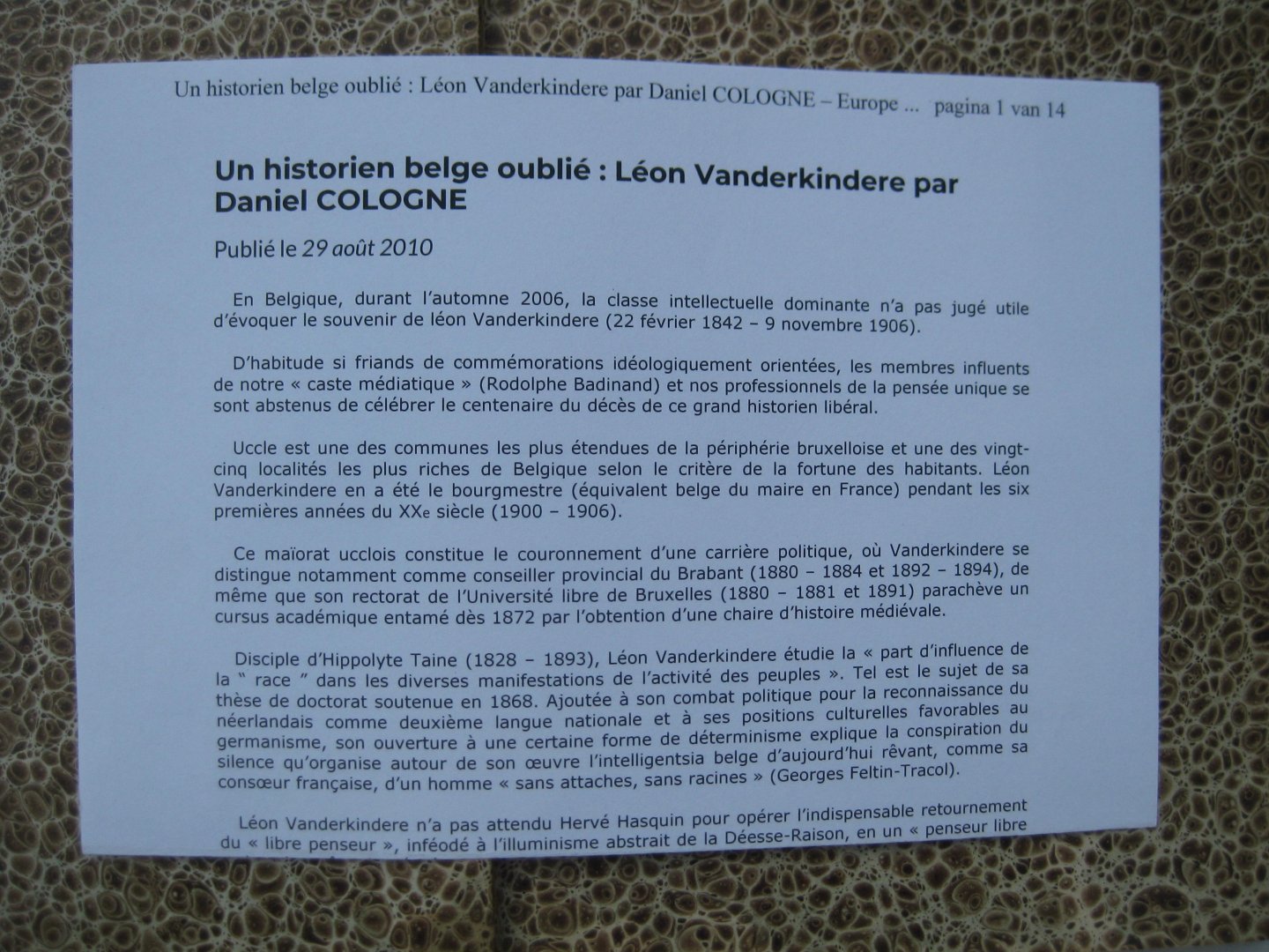 Vanderkindere, Léon - De la Race et de sa part d'influence dans les diverses manifestations de l'activité des peuples. Thèse.