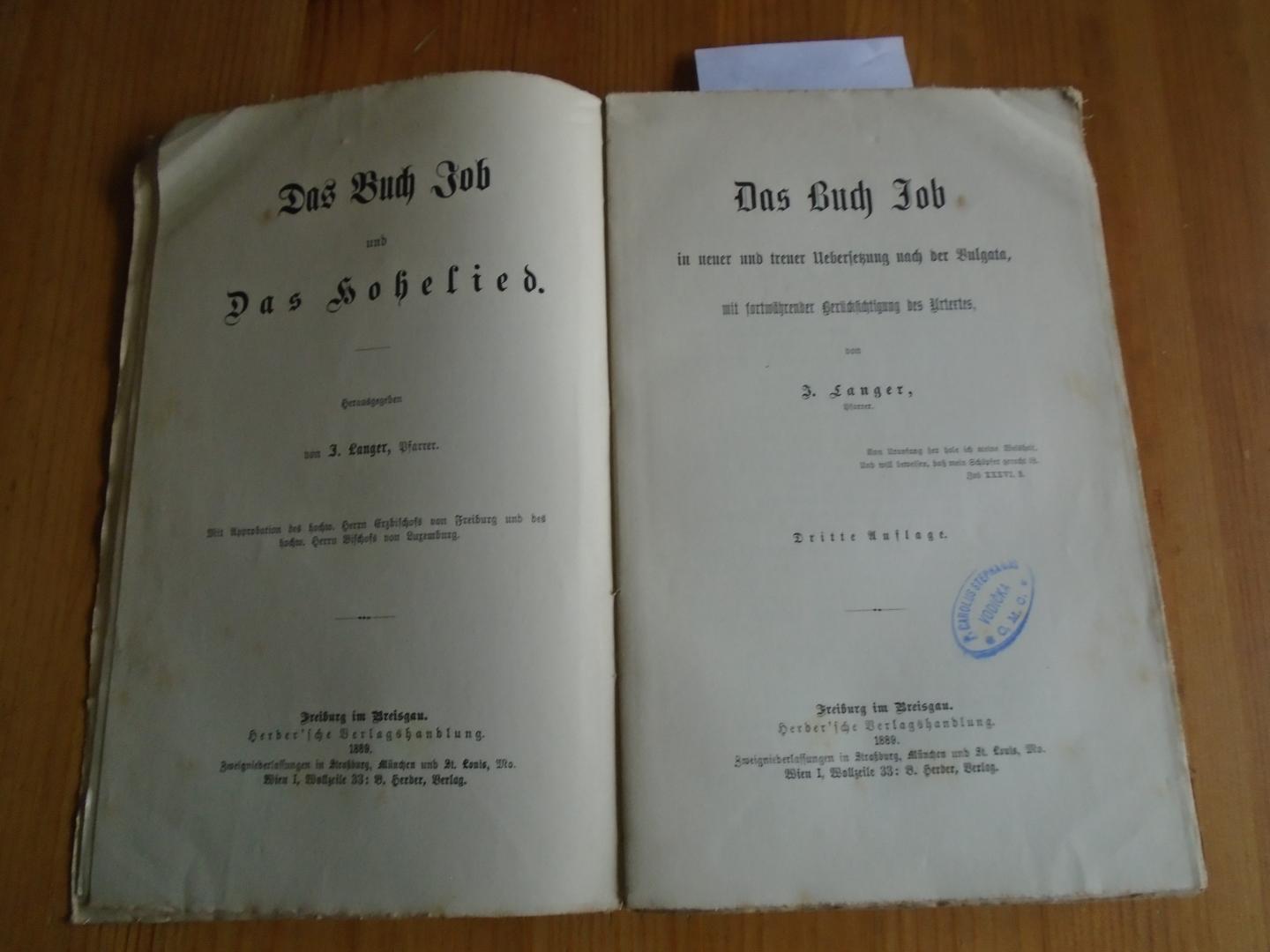 Langer, J. - Das Buch Job in neuer und treuer Uebersetzung nach der Vulgata, und Das Hohelied nach seiner Mythischen Erklärung