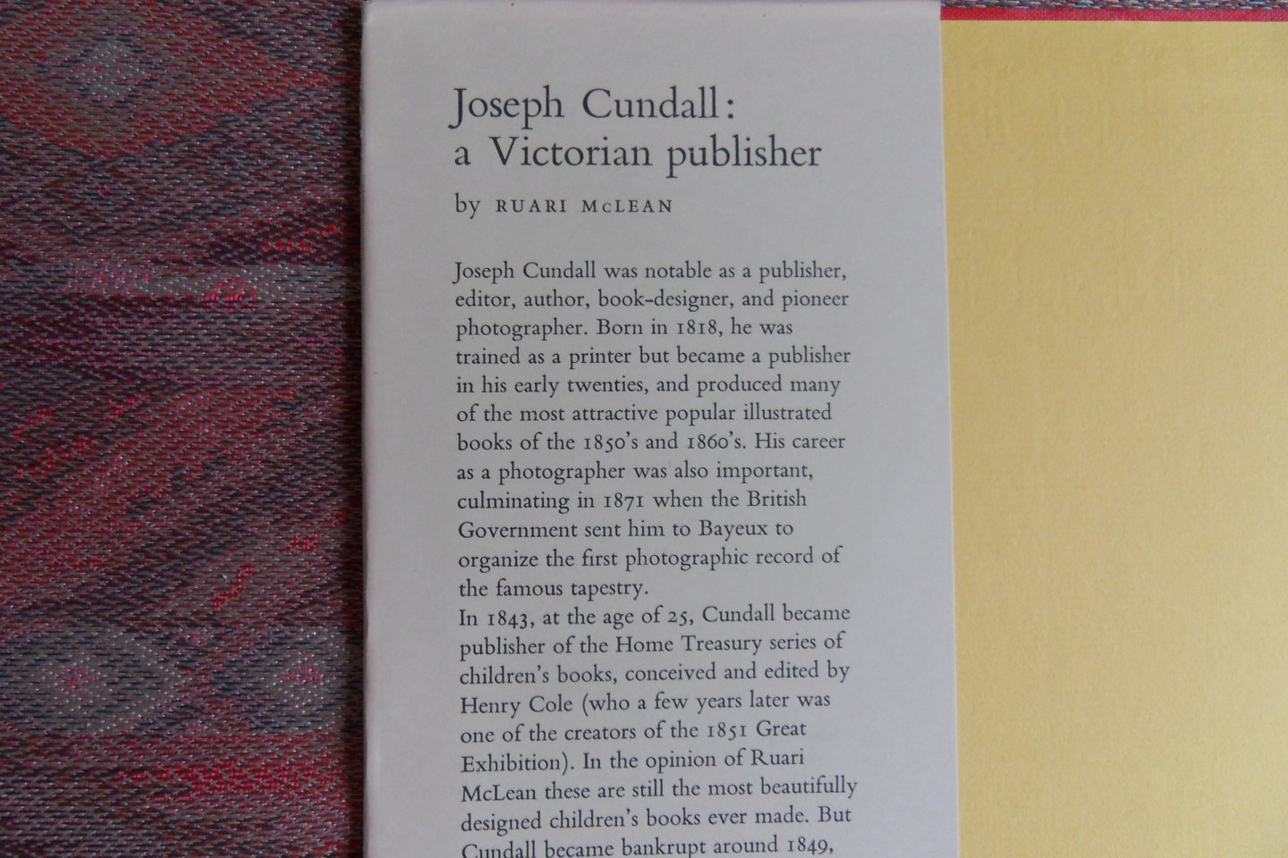 McLean, Ruari. - Joseph Cundall. - A Victorian Publisher. - Notes on his life and a check-list of his books.