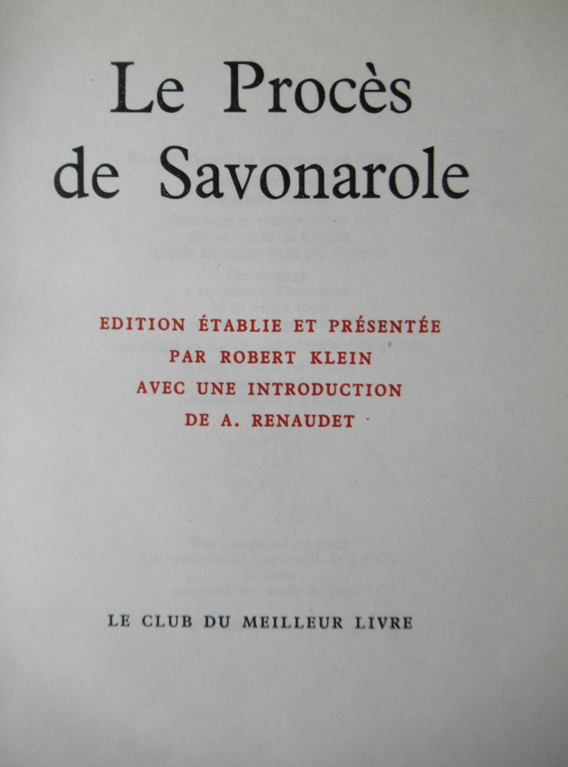 Klein, Robert - Le proces de Savonarole