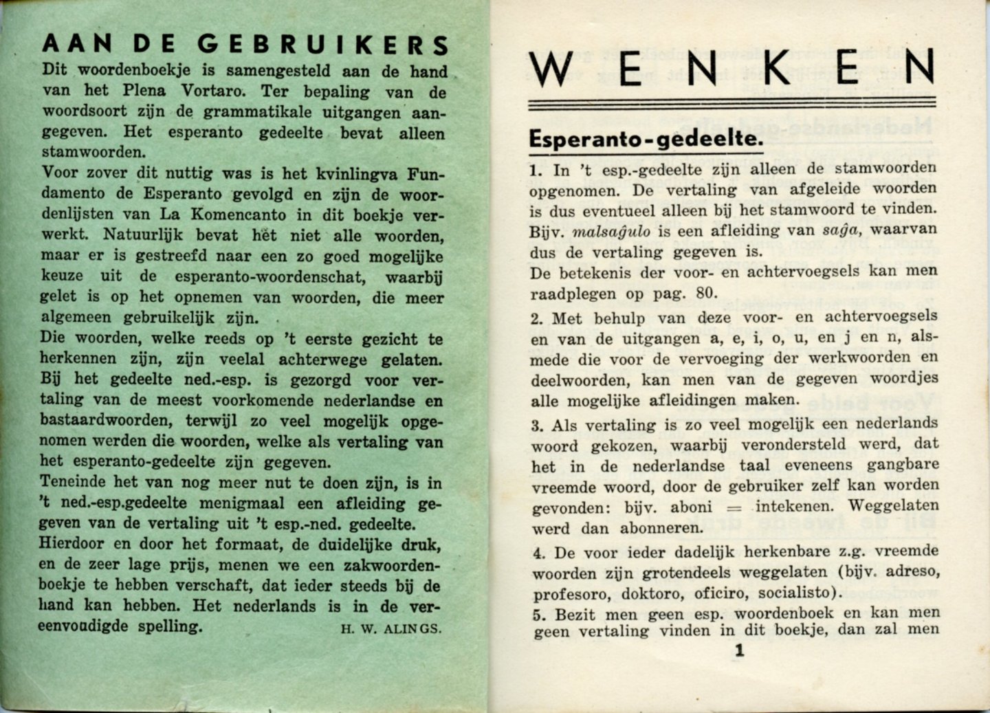 Alings, H.W. - Zakwoordenboekje F.L.E. Esperanto-Nederlands. Nederlands-Esperanto