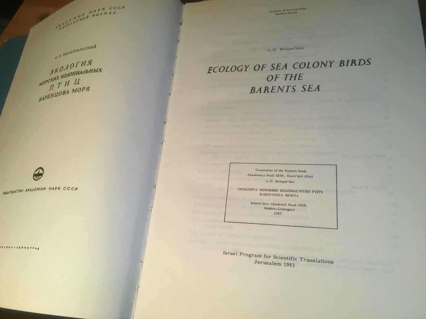 Belopol'skii, LO - Ecology of Sea Colony Birds of the Barents Sea