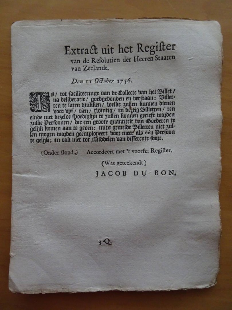  - Extract uit het Register van de Resolutien der Heeren Staaten van Zeelandt. Den 11 October 1756.