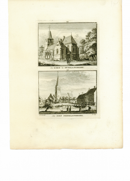 Spilman, Hendrik - De kerk te Overlangbroek Het dorp Nederlangbroek Originele kopergravure.