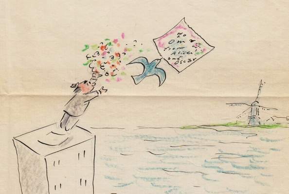 FABRÈS, Oscar - 'To Oma from Alice and Oscar'. Originele kleurentekening.
