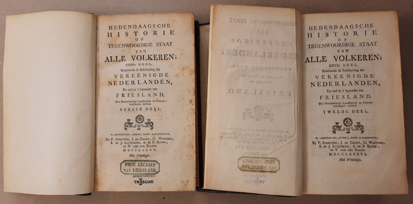 Tegenwoordige staat van Friesland (eerste 2 delen) - Hedendaagsche historie of tegenwoordige staat van alle volken. XXIIIste en XXIVste deel. Behelzende de beschryving der vereenigde Nederlanden en wel in 't byzonder van Friesland. En: Vervolg der Beschryving van Friesland. Met nauwkeurige landk...