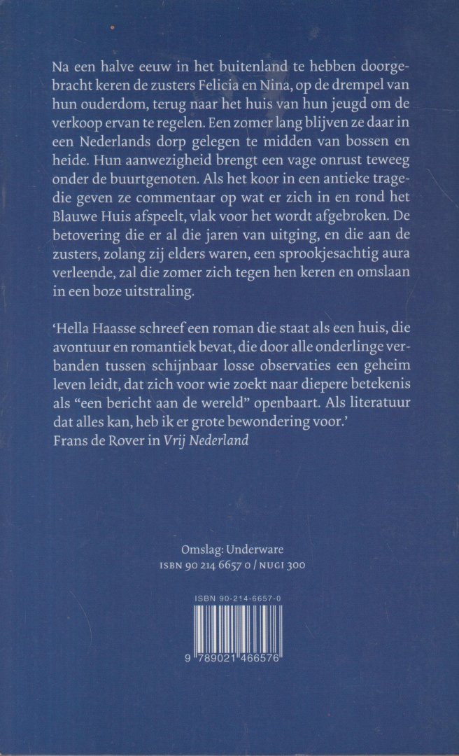 Haasse ( = H.S. van Leleyveld-Haasse (Batavia 2 February 1918 - Amsterdam 29 September 2011), Hélène - Berichten van het blauwe huis - Een roman die staat als een huis, die avontuur en romantiek bevat, die door alle onderlinge verbanden tussen schijnbaar losse observaties een geheim leven leidt.