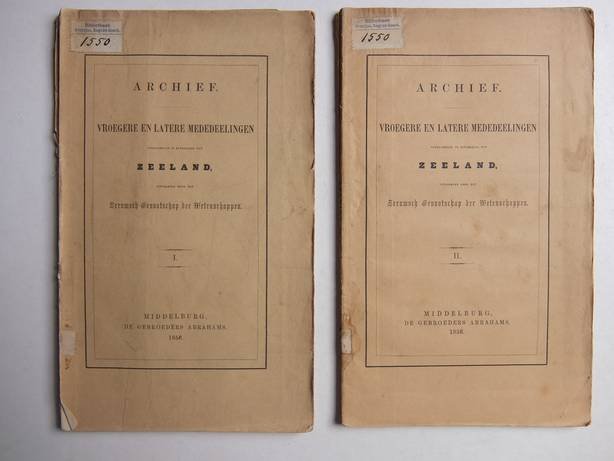 Verheye van Citters, Jacob, Wind, S. de, Paspoort van Grijpskerke, et al. - Archief vroegere en latere mededeelingen voornamelijk in betrekking tot Zeeland. Uitgegeven door het Zeeuwsch Genootschap der Wetenschappen. Deel I & II.