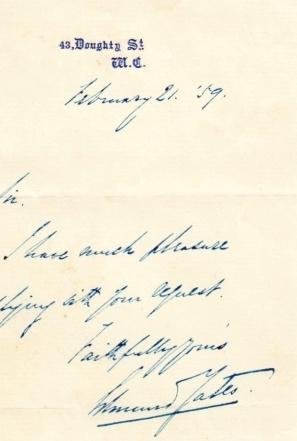 YATES, Edmund - Autograph Letter Signed, dated 'February 21. '59'. To A. Shirreffs Esq.