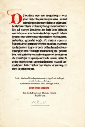 MORISON, Stanley, Jan TSCHICHOLD, C. VOLMER NORDLUNDE & R. EXCOFFON - De drukker moet zeer zorgvuldig te werk gaan... (Nieuwjaarswens van Joh. Enschedé en Zonen).