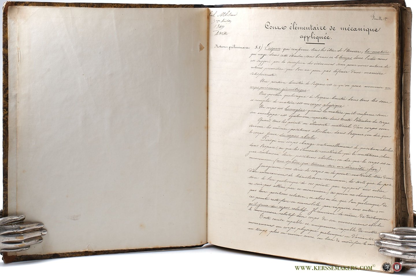 École Militaire - Cours élémentaire de mécanique appliquée. Cours de mécanique rationnelle. (Published as lecture notes: entirely lithographed handwriting of the instructor of the École Militaire, 3e Division).