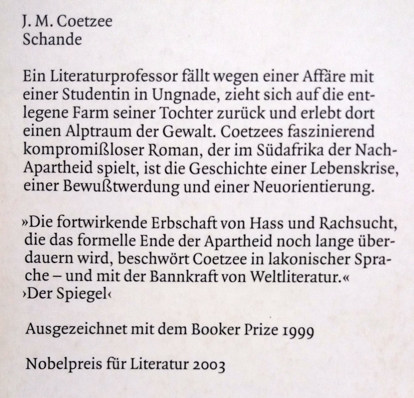 Coetzee, J.M. - Schande (DUITSTALIG)
