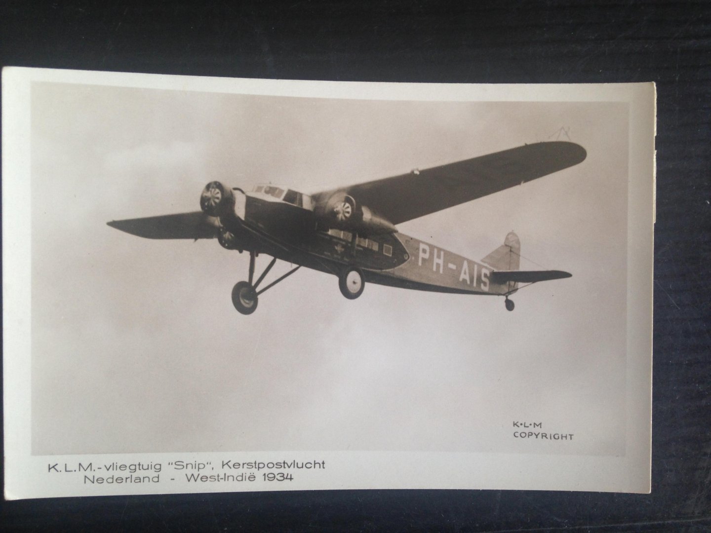  - KLM vliegtuig Snip, Kerstpostvlucht Nederland-Westindie 1934, Gelopen kaart
