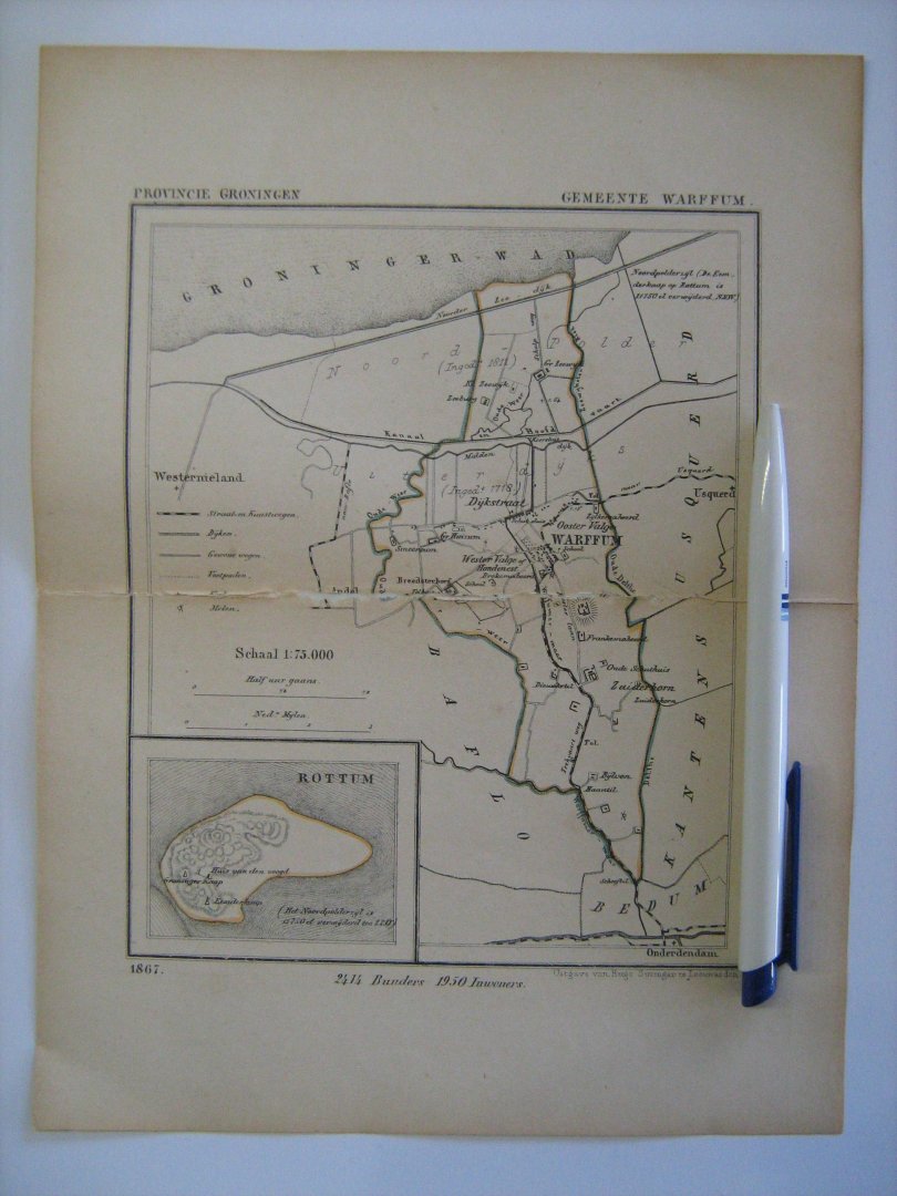  - Oudtijds grensgekleurde lithografie van Gemeente WARFUM, Groningen 1867