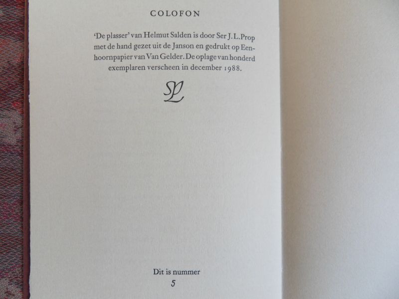 Salden, Helmut. - De Plasser.  [Genummerd ex. 5 / 100 ].