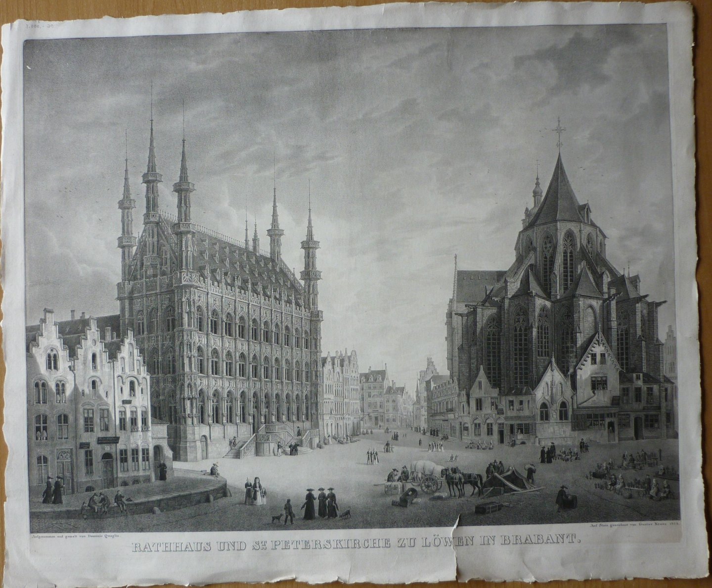 Kraus, Gustav - Rathaus und St. Peters-Kirche zu Löwen in Brabant  [Leuven]  Originele lithografie