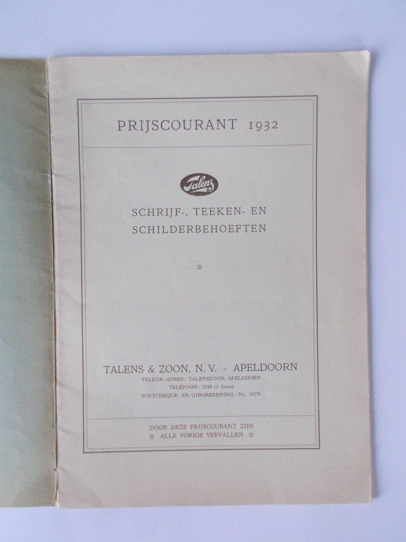  - TALENS Apeldoorn - Handelscatalogus Prijscourant Schrijf-, Teeken- en Schilderbehoeften1932