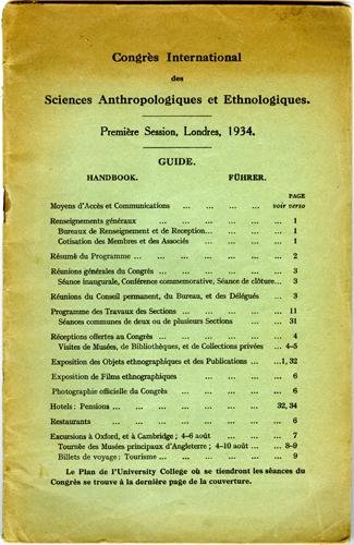  - Congres International des Sciences Anthropologiques et Ethnologiques. Premiere Session, Londres,  1934 Guide