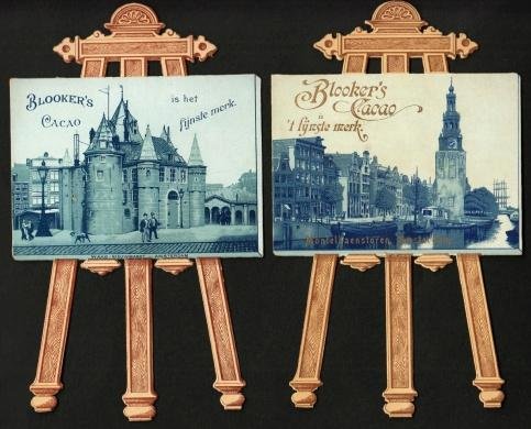 BLOOKER'S CACAO - Vier kartonnen advertentie-ezels met plaatjes van Amsterdam.