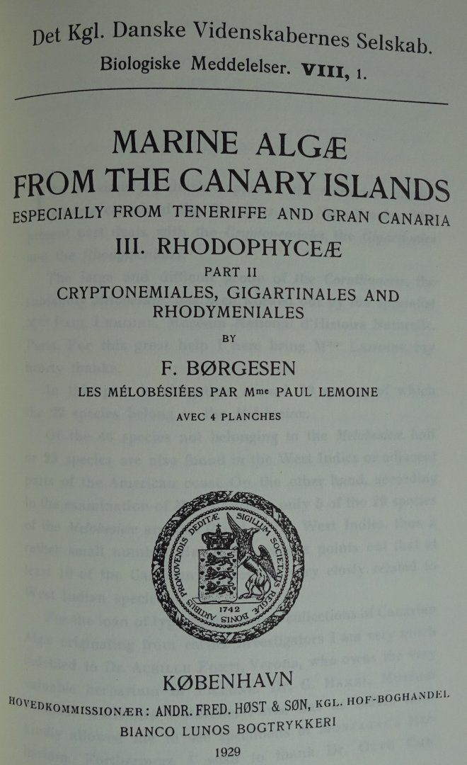 Borgesen, F. - Marine Algae of the Canary Islands. REPRINT [ isbn 906105012X ]
