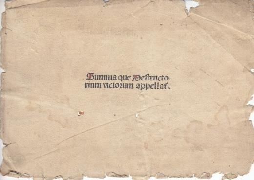 1496. CARPENTARIUS, Alexander - Destructorium vitiorum. (Maculatuur van de titelpagina).