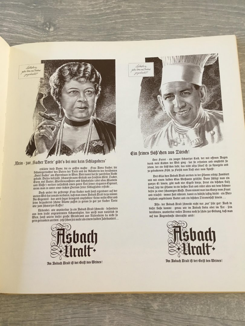  - Asbach Uralt,Liebhabern guten Essens und Trinkens zugedacht! Alleraardigst boek met prachtige grote illustraties (mest grav.) over beroemdheden en hun geliefde recepten, soms zijn ne naamgever ervan. Sandwich, Chateaubriand, Stroganoff, Bismarck, etc