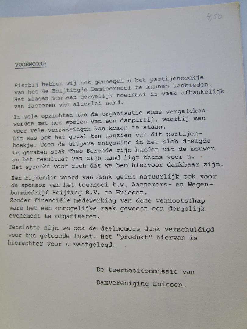 Damvereniging Huissen  (onder redactie van) - Partijenboekje 4e Heijtings-dam-toernooi 1980