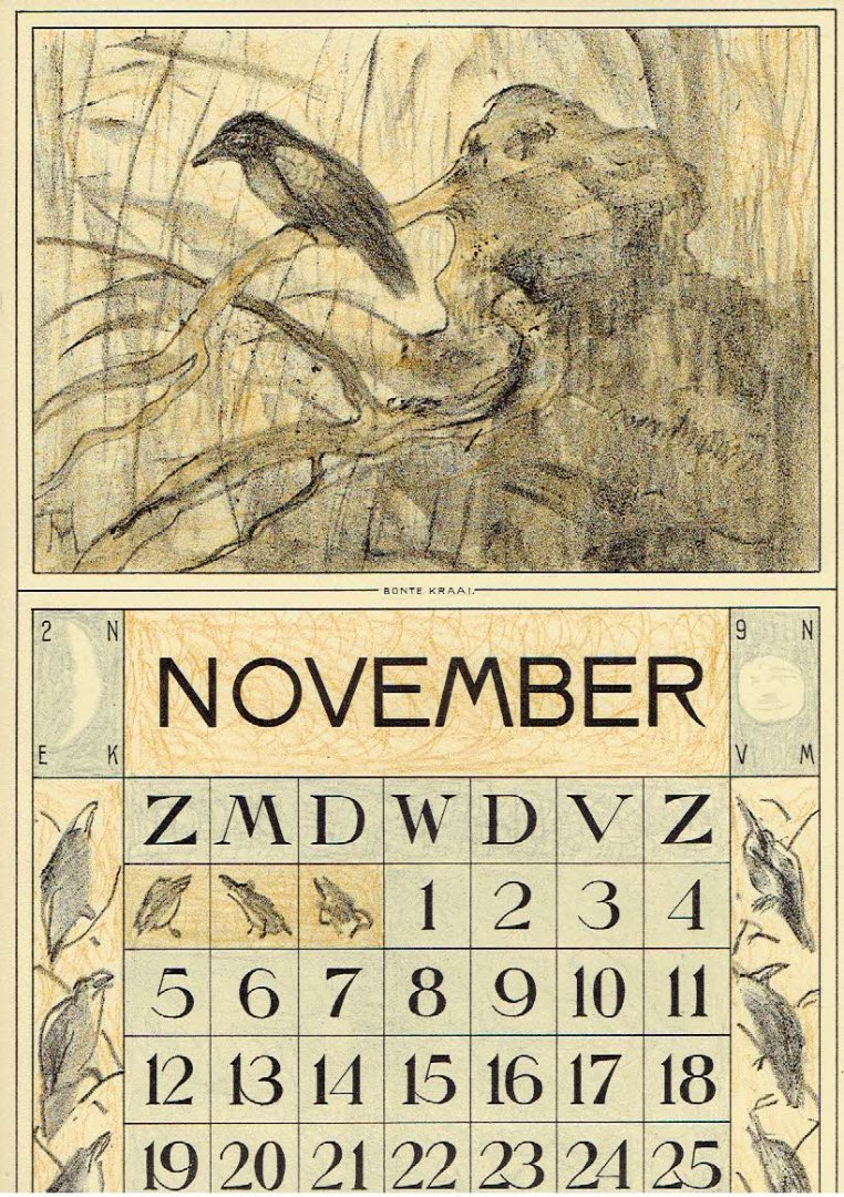 HOYTEMA, Theo van [HOIJTEMA] - Kalenderblad T. v. Hoytema - Bonte kraai  - november - kalenderjaar 1915.