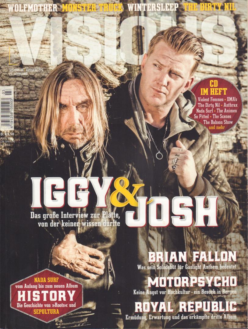 Diverse auteurs - VISIONS 2016 # 276, Duits muziek magazine met o.a.  IGGY POP & JOSH HOMME (COVER + 7 p.), BIRAN FALLON (3,5 p.), THE DIRTY NIL (3 p.), MONSTER TRUCK (3 p.), WOLFMOTHER (4 p.), MOTORPSYCHO (3 p.), FREE CD IS MISSING !, goede staat