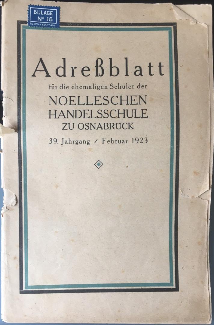 Lindemann, Herm. - Adressblatt für die ehemaligen Schüler der Noelleschen Handelsschule zu Osnabrück