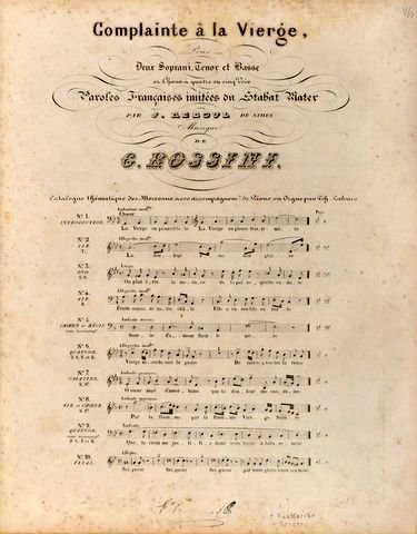Rossini, G.: - Complainte à la Vièrge pour deux soprani, tenor et basse et choeur à quatre ou cinq voix. [Daraus:] No. 4. Air. Fruits amers de botre chûte