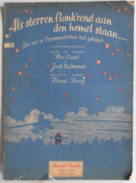  - Bladmuziek 9 verschillende vellen bladmuziek o.a. Fietje ga je mee Erich Tom Als de sterren twink`len Wenn die sterne leuchten tango 2 talig Boeziek Ben Deutsche Worte Weiner Inge Hollandsche tekst Brande E M v d Sajah muziek Erich Tom tekst Rex Will