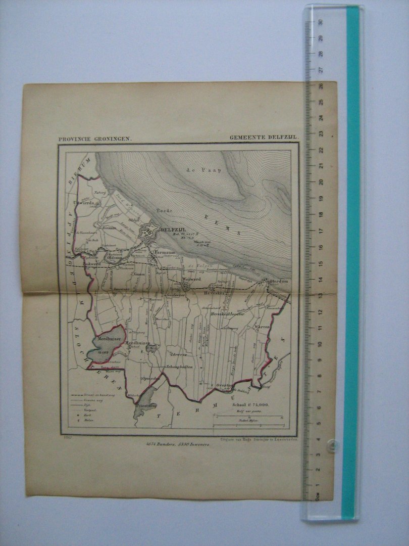  - Oudtijds grensgekleurde lithografie van Gemeente DELFZIJL, Groningen 1867