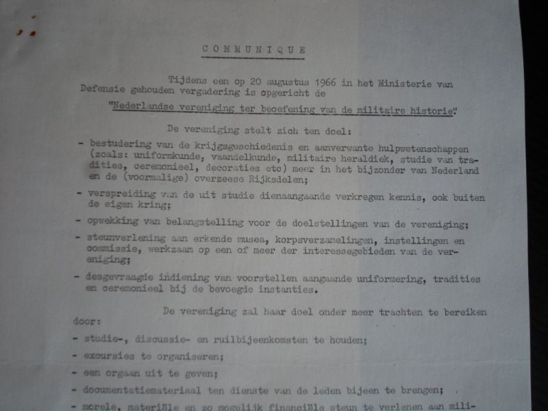  - Communique Oprichting Nederlandse Vereniging ter beoefening van de Militaire Historie