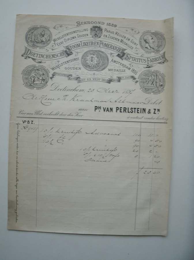 rekening. manuscript. - Doetinchemsche stoom-likeur pomeranz en spiritus-fabriek. Aan Ph. van Perlstein & zn.
