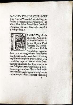 1498. AMASAEUS, Gregorius - Panegyricus in laudem cardinalis Grimani.