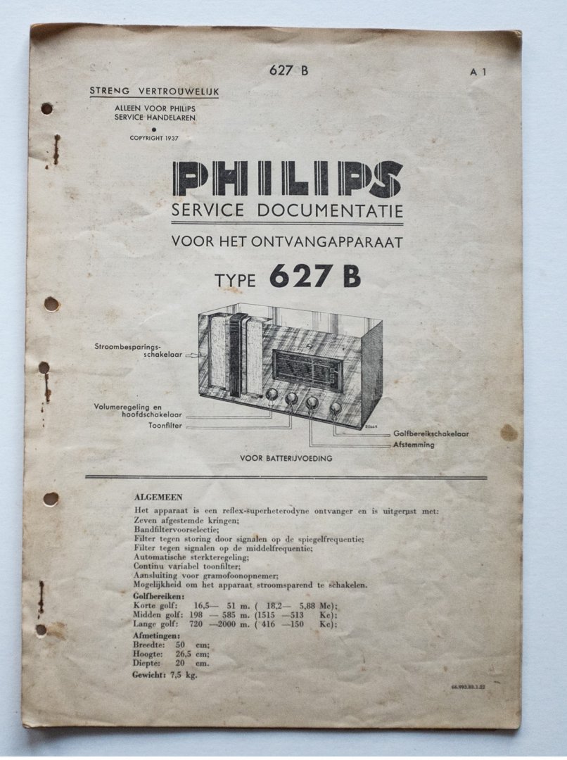  - Philips service documentatie - voor het ontvangtoestel 627B - voor batterijvoeding